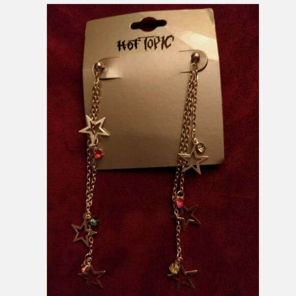 Vintage HOT TOPIC NEW Silver Star Crystal Dangle Earrings Punk Rock VTG - Picture 3 of 3